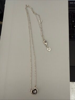 Pandora Silver Heart Pendant Necklace with Clear Stone 16”-18”